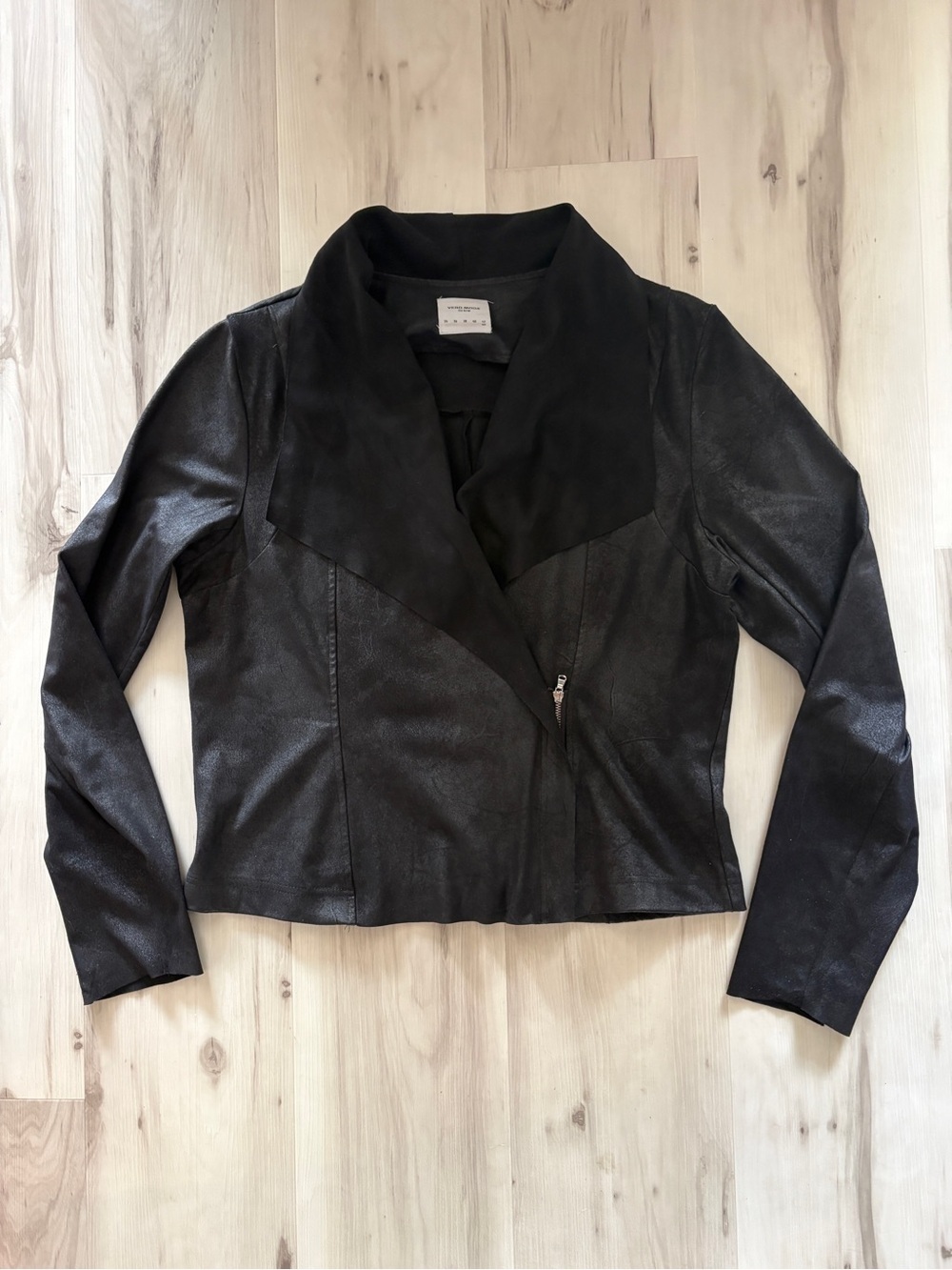 Vero Moda Vegan Suede Waterfall Drape Open Front Asymmetric Zip Jacket Black 10